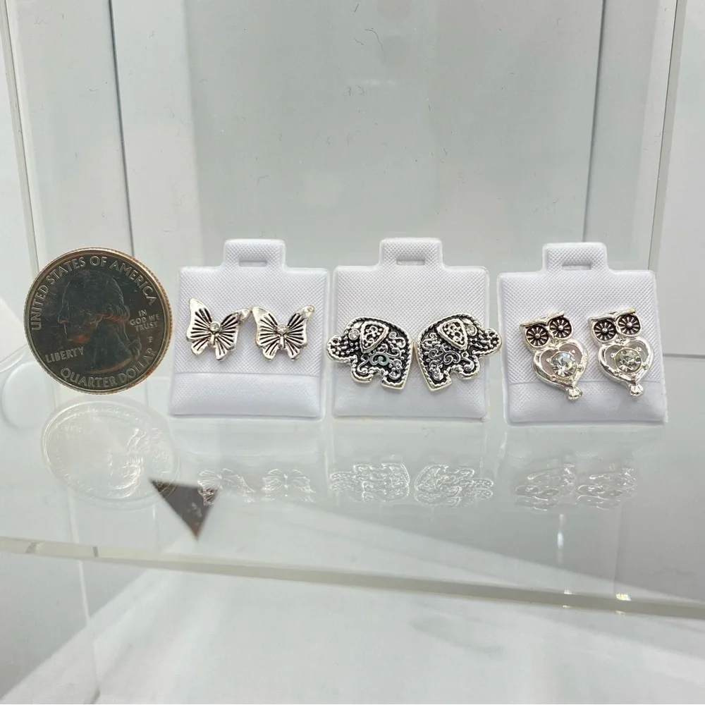 Butterfly/ Elephant/ Owl Silver-Tone & Rhinestone Stud Pierced Earrings Set of 3